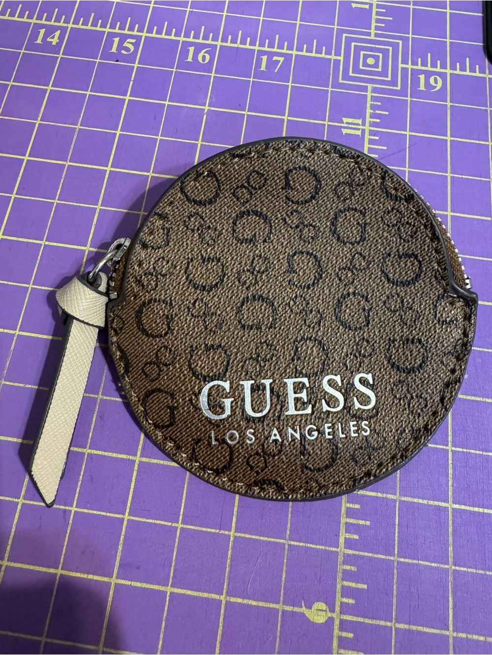 Guess Brown Monogram Round Coin Pouch with Logo and lobster claw clip